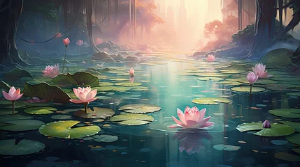 Foto op Plexiglas Sky the pond or river with beautiful white pink lotus and water lily pad. Generative AI © Virtual Art Studio