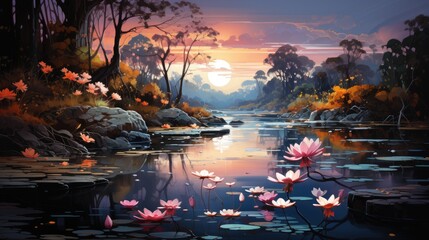 Sky the pond or river with beautiful white pink lotus and water lily pad. Generative AI