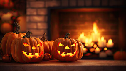 halloween jack-o-lanterns with fireplace background