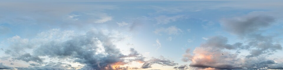 Sunset sky panorama with bright glowing pink Cumulus clouds. HDR 360 seamless spherical panorama. Full zenith or sky dome for 3D visualization, sky replacement for aerial drone panoramas.