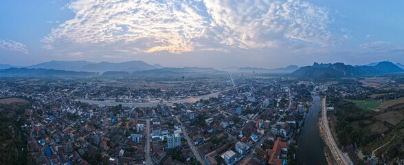 Aerial view by drone Landscape Panorama view, Vang Vieng city, Laos.