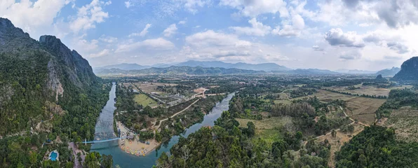 Tissu par mètre Vert bleu Aerial drone shot Landscape Panorama view, Mountainous landscape around Vang Vieng, Laos.