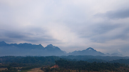 Aerial view by drone Landscape Panorama view, Beautiful views of the mountains landmarks travels Vang Vieng, Laos.