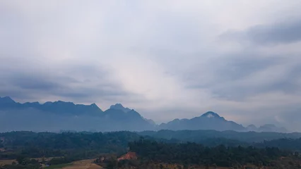 Foto op Canvas Aerial view by drone Landscape Panorama view, Beautiful views of the mountains landmarks travels Vang Vieng, Laos. © KK Studio
