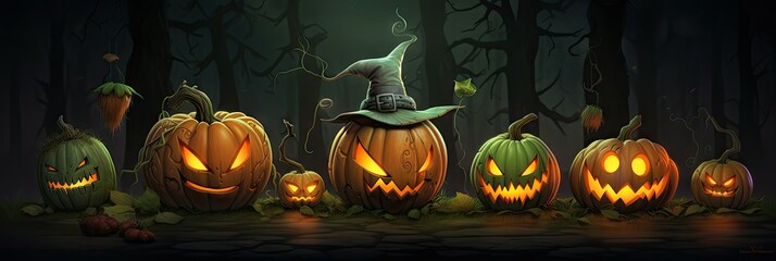Jack o lantern the Halloween pumpkins in the spooky forest background. Happy Halloween Day concept. Generative AI