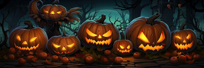 Jack o lantern the Halloween pumpkins in the spooky forest background. Happy Halloween Day concept. Generative AI