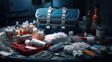 Medical supplies layed out on a table ready for use