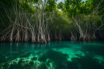 Fototapeta na wymiar tropical forest with visible roots in lake generated by AI tool