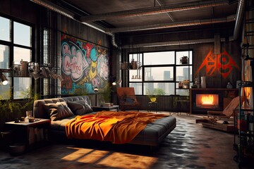 Interior of a loft living room with a sofa and a coffee table
