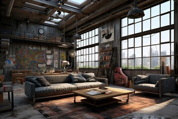 Fototapeta na wymiar Interior of a loft living room with a sofa and a coffee table