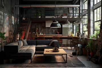 Naklejka na ściany i meble Interior of a loft living room with a sofa and a coffee table