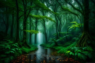 tropical rain in green forest generated by AI tool