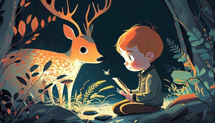 Little boy with the deer in the forest. Christmas card art concept. Kids baby and children book illustration book style. Generative AI - obrazy, fototapety, plakaty