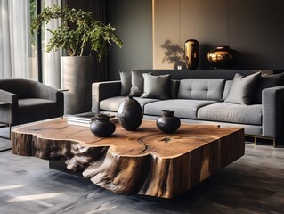 Modern living room with wooden stump coffee table near gray armchairs and sofa generative ai