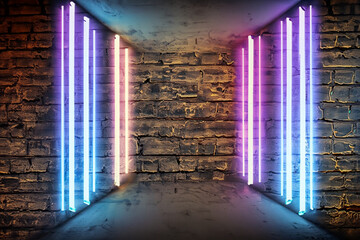 tunnel of light, Modern futuristic neon lights on old grunge brick wall room background art,...