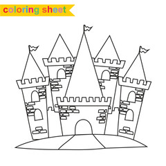 Colorings sheet a fairy tale medieval kingdom black and white the kingdom castle. Vector outline fantasy monarch kingdom. Medieval fairytale a castle cartoon.
