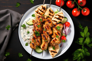 Grilled chicken skewers sprinkled with chopped fresh parsley