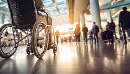 Accessibility of the Handicap Person in Public Transportation Concept. a Disabled Man on Wheelchair at the Airport Terminal. Low Angle View. AI generative