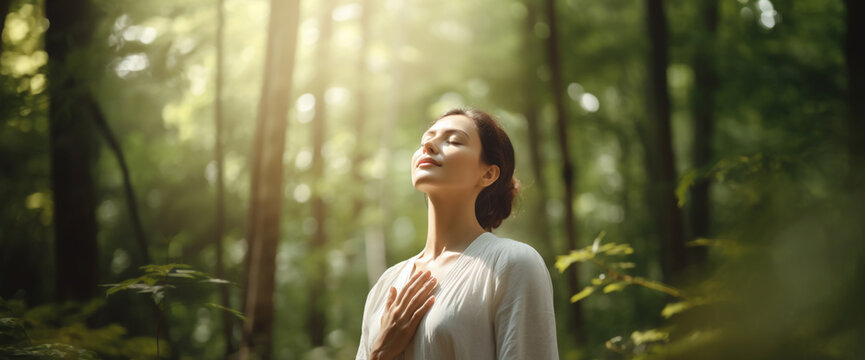 Harmony, Close to Nature Concepts, a Young Female Take Deep Breathing Fresh Air  in the Green Forest Woods. Engaging Body and Mind with Nature, Concept of Calm, Healthy Lifestyles. AI generative