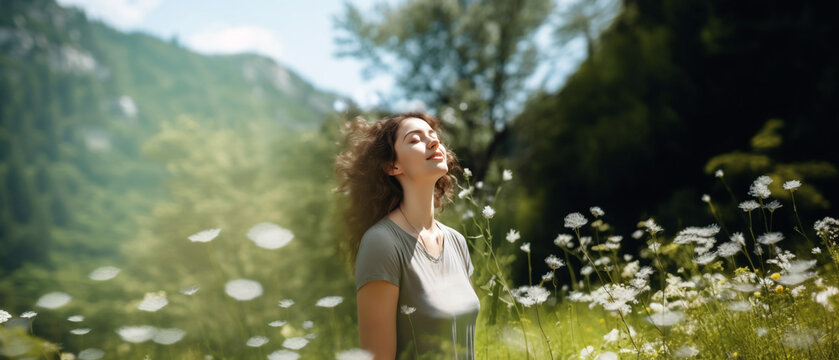 Harmony, Close to Nature Concepts, a Young Female Take Deep Breathing Fresh Air  in the Wild Flowers Meadow of Green Forest. Engaging Body and Mind with Nature, Concept of Calm. AI generative
