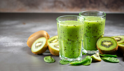 Green smoothie with kiwi fruit in the glasses. Healthy organic drink. Nutrition and alkaline diet....