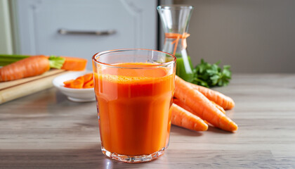 Glass of fresh squeezed carrot juice on the table of the kitchen. Healthy eating, detox, dieting and vegetarian concept