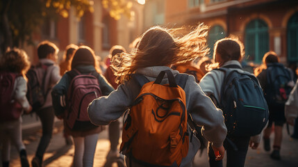 kids with backpacks running to the school