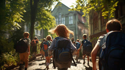 kids with backpacks running to the school