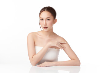 Obraz premium Beautiful young asian woman with clean fresh skin on white background, Face care, Facial treatment, Cosmetology, beauty and spa, Asian women portrait.