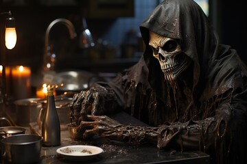 a creepy skeleton sitting at a table in a kitchen, generative AI
