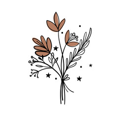 Small elegant bouquet, line sketch, autumn herbs and leaves, simple eco logo. Hand drawn vector illustration isolated on white background.