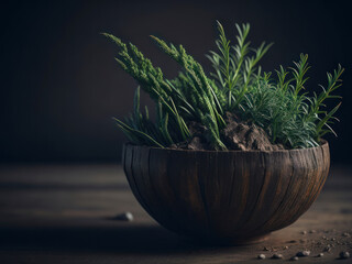 Fresh herbs in rustic wooden box, AI generated