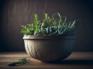 Fresh herbs in rustic wooden box, AI generated