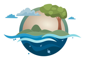 Meer, Hügel und Baum auf einem runden Hintergrund