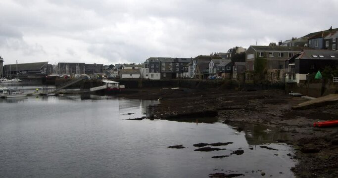 wide Shot of buildings on Falmouth harbour with the Tied out
