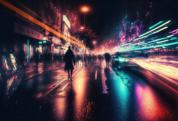 Dark silhouettes of people, rain, reflections in the wet asphalt. Night city street illuminated by...