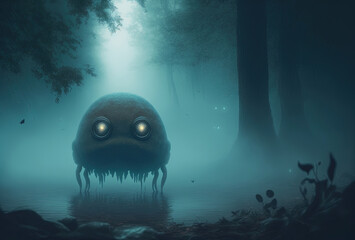Scary alien monster in the misty night forest. The creepy silhouette of a huge creature with glowing eyes is illuminated by the moon. 3D rendering. AI generated.