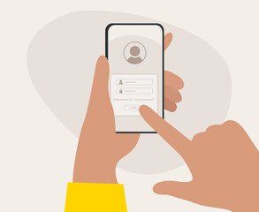 Hands hold smartphone and log in to the account. Application or website user. information search, social networks.