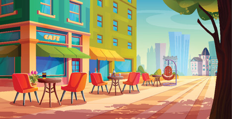 City street cafe with tables and chairs on park alley. Vector cartoon illustration of urban coffee shop with outdoor seats in shadow of trees, modern cityscape background, birds in blue summer sky © klyaksun
