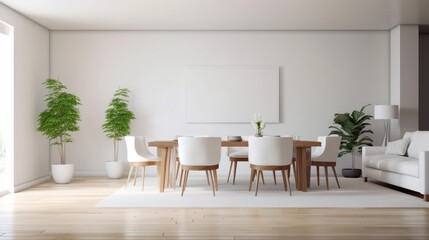 Interior of modern minimalist white living room with dining area. Comfortable sofa, wooden dining table with chairs, house plants in pots, poster template on the wall. Mockup, 3D rendering.