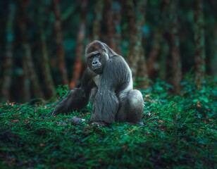 Adult male gorilla in the jungle, captured in its natural
