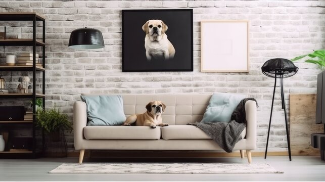 Modern stylish living room scandi style. Comfortable gray sofa with cushions, houseplants, floor lamp, posters on the wall, home decor.Dog lying on the couch under the poster with dog image. Mock up.