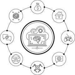 Artificial intelligence and Automated machine learning language. Cybersecurity computer vision, business, industrial vector image. Chat with AI, big data vector line icons set