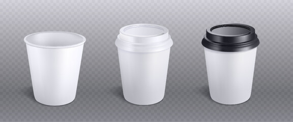 3d white paper coffee cup isolated vector mockup. Disposable drink mock up for takeaway hot espresso from cafe with plastic black lid. Cappuccino cardboard package container render design illustration