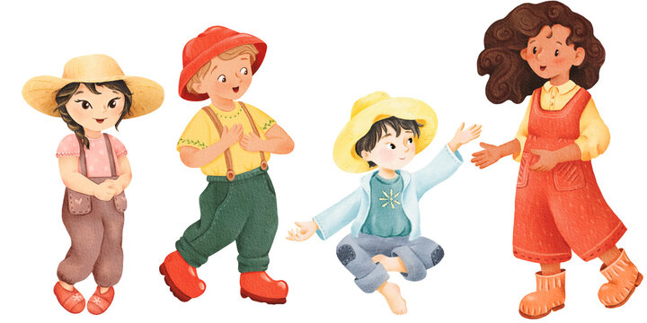 Set of children: african american and asian girls and boys . Farmer in orange rubber boots. watercolor isolated illustrations in cartoon style. kids characters. gardener and florist. Diversity.