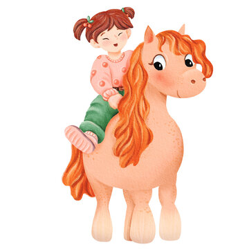cute girl on pony. watercolor isolated. Little girl horse. Funny for kid. Design for baby shirt design, nursery decor, card making, party invitations, logos, greeting cards, posters, D.I.Y. and other.