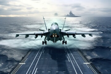 Fototapeta na wymiar Front view of a military jet fighter landing on the deck of an aircraft carrier. Cloudy sky over the sea horizon. The interaction of the navy and aviation, military maneuvers. 3D rendering.