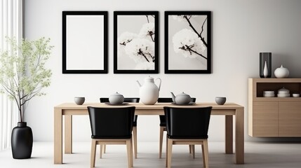 Stylish open space dining room interior in a modern apartment. Wooden table with design chairs, dried flowers in a vase, home decor, posters on the white wall. Mockup, 3D rendering.