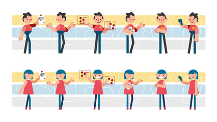 office worker act in a variety of ways Many scenes, standing to work. Vector set illustration.