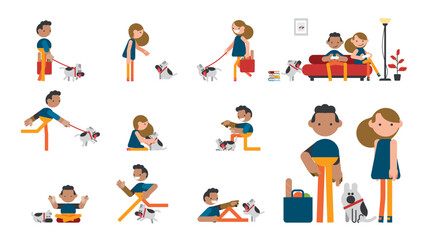 Fototapeta na wymiar Two couples live with dogs in various situations. Giving orders, watching TV, feeding dogs. Vector set illustration.